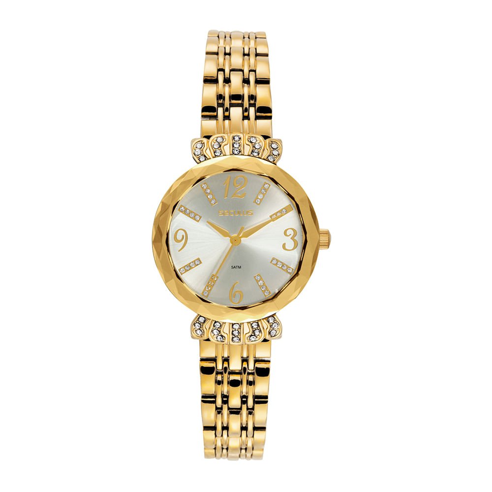 Relógio Feminino Analógico Dourado com Pedras Vidro Facetado