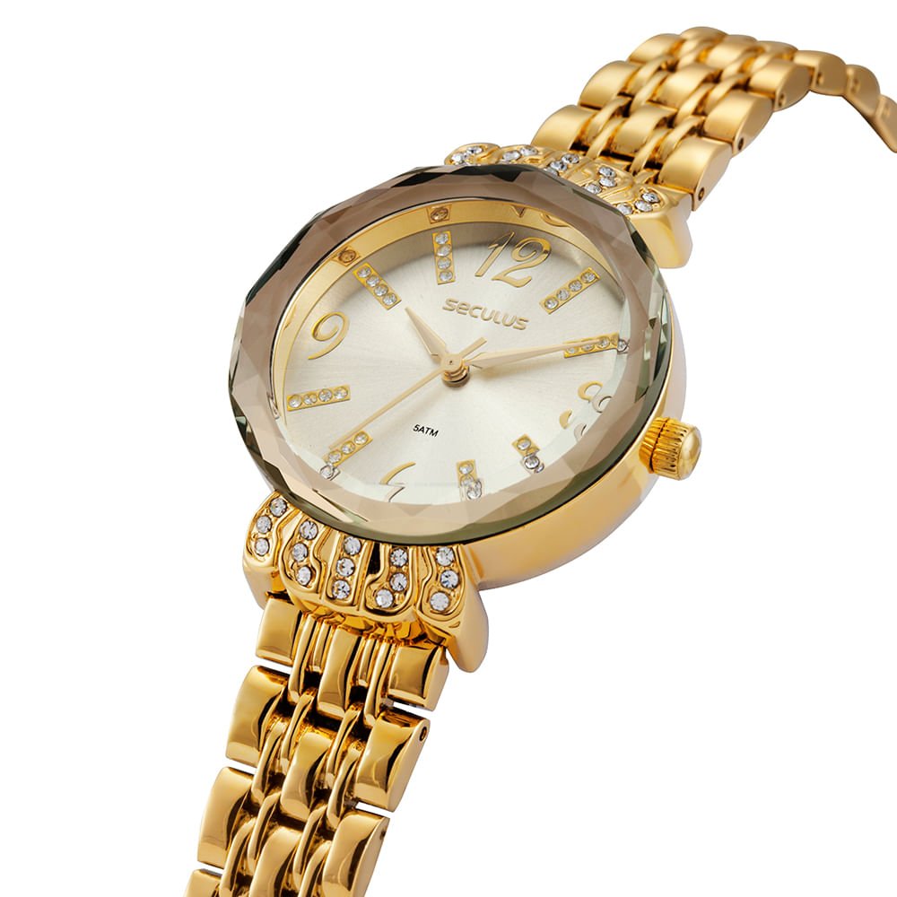 Relógio Feminino Analógico Dourado com Pedras Vidro Facetado Dourado 2