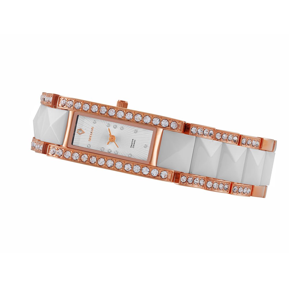 Relógio Feminino Analógico Rose Cerâmica Pedras Formato Piramidal Branco/Dourado 2