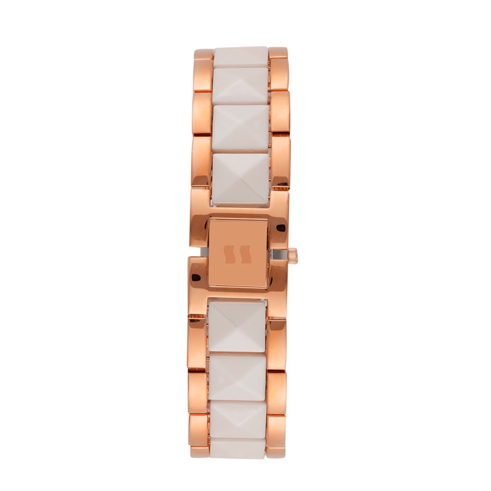 Relógio Feminino Analógico Rose Cerâmica Pedras Formato Piramidal Branco/Dourado 4