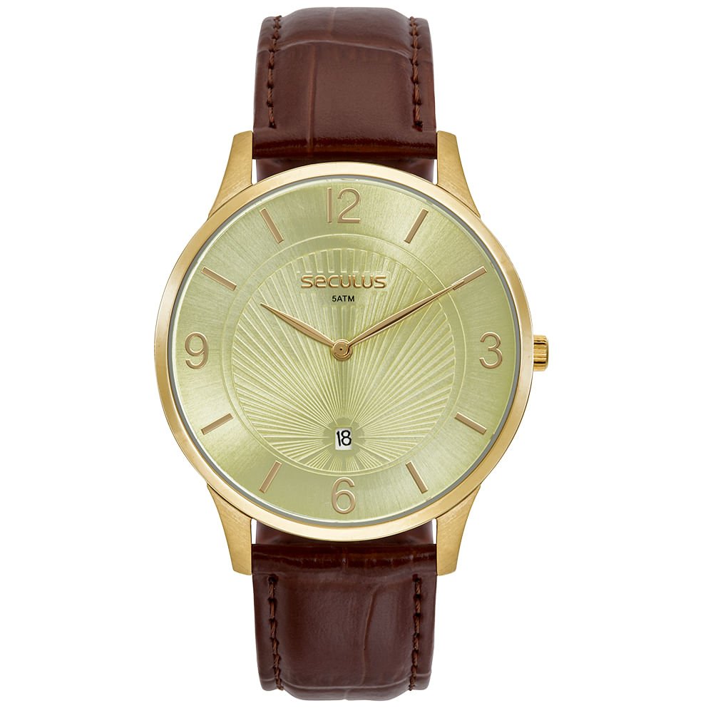 Relógio Masculino Clássico Dourado Slim Pulseira Couro Croco
