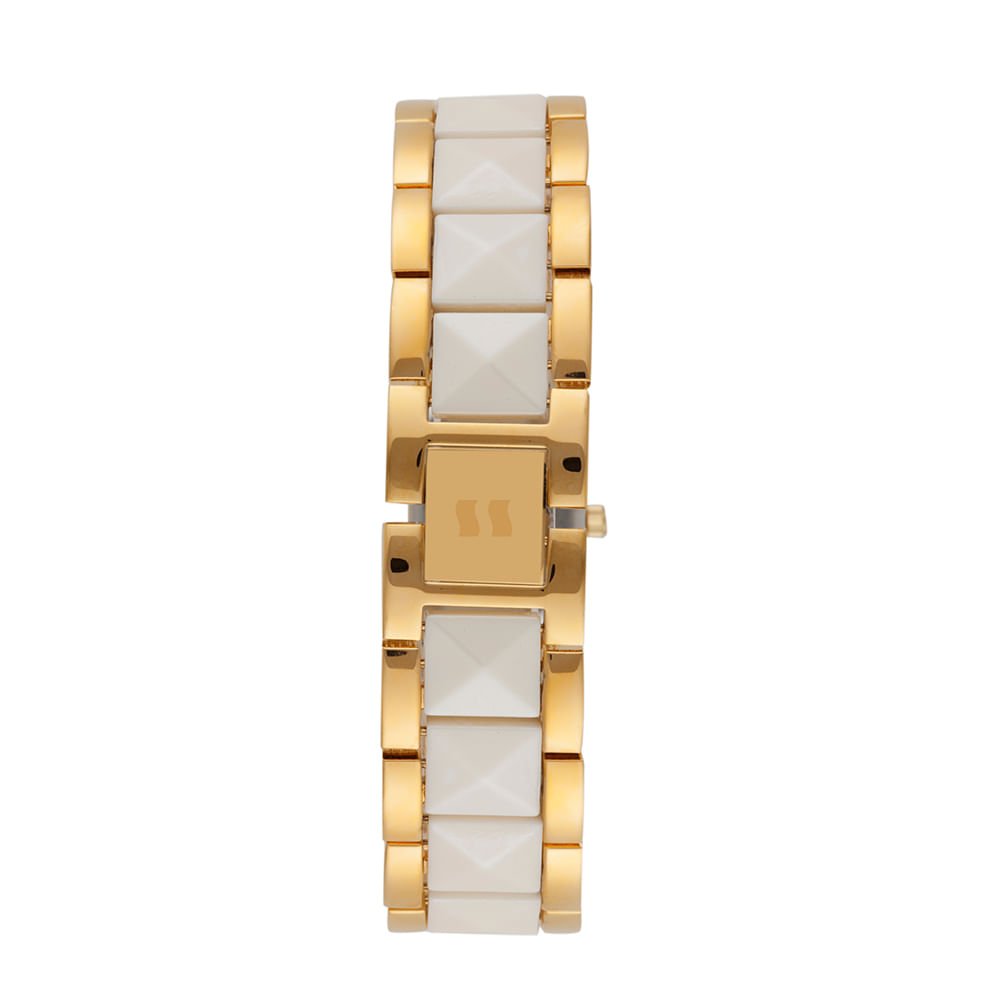 Relógio Feminino Analógico Dourado Cerâmica Pedras Formato Piramidal Dourado 4