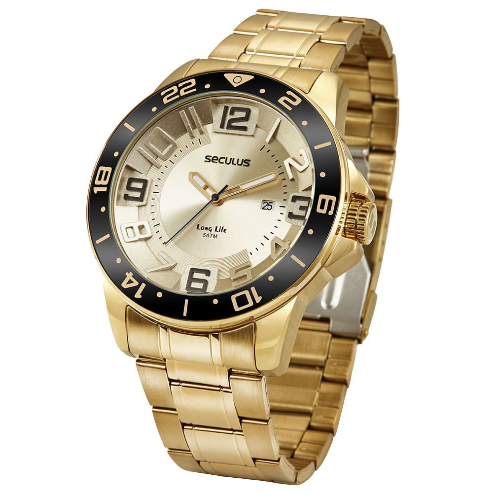 Relógio Masculino Dourado com Calendário Aro 3D Dourado 2
