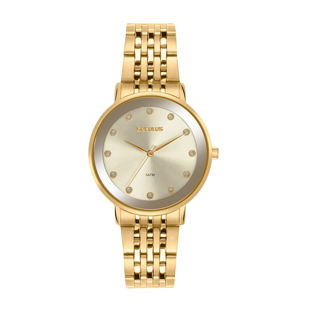 Relógio Feminino Dourado Aço Minimalista com Glitter