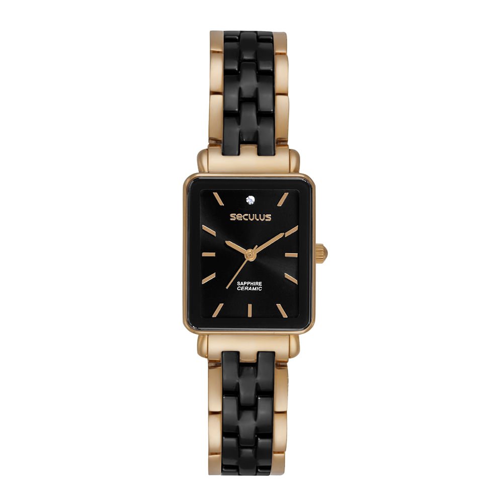 Relógio Feminino Cerâmica Quadrado Preto Dourado