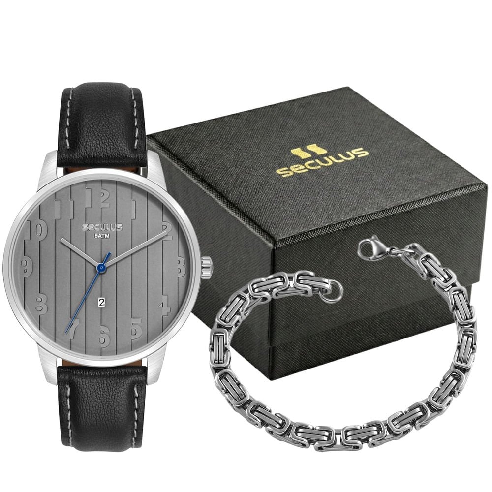 Kit Relógio Masculino Prata Couro e Pulseira em Aço