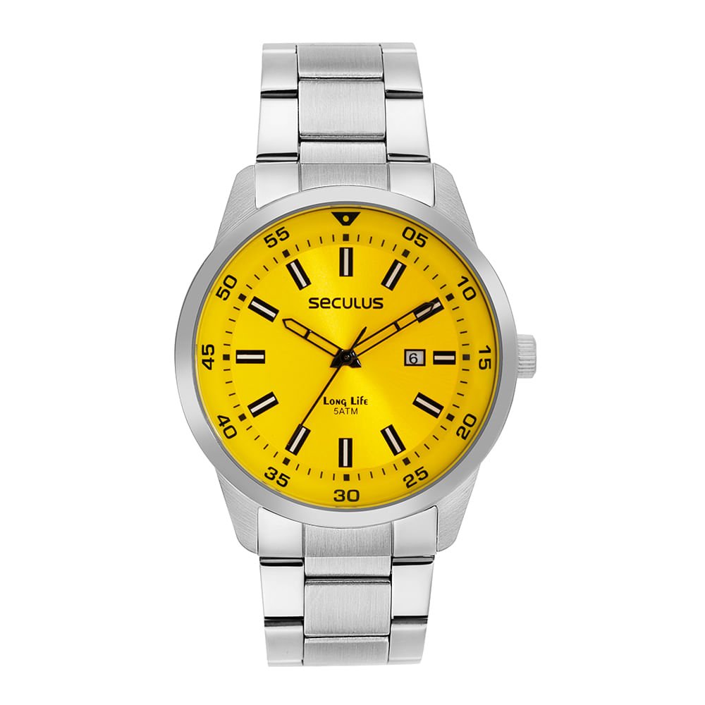 Relógio Masculino Com Calendário Amarelo Prata 1