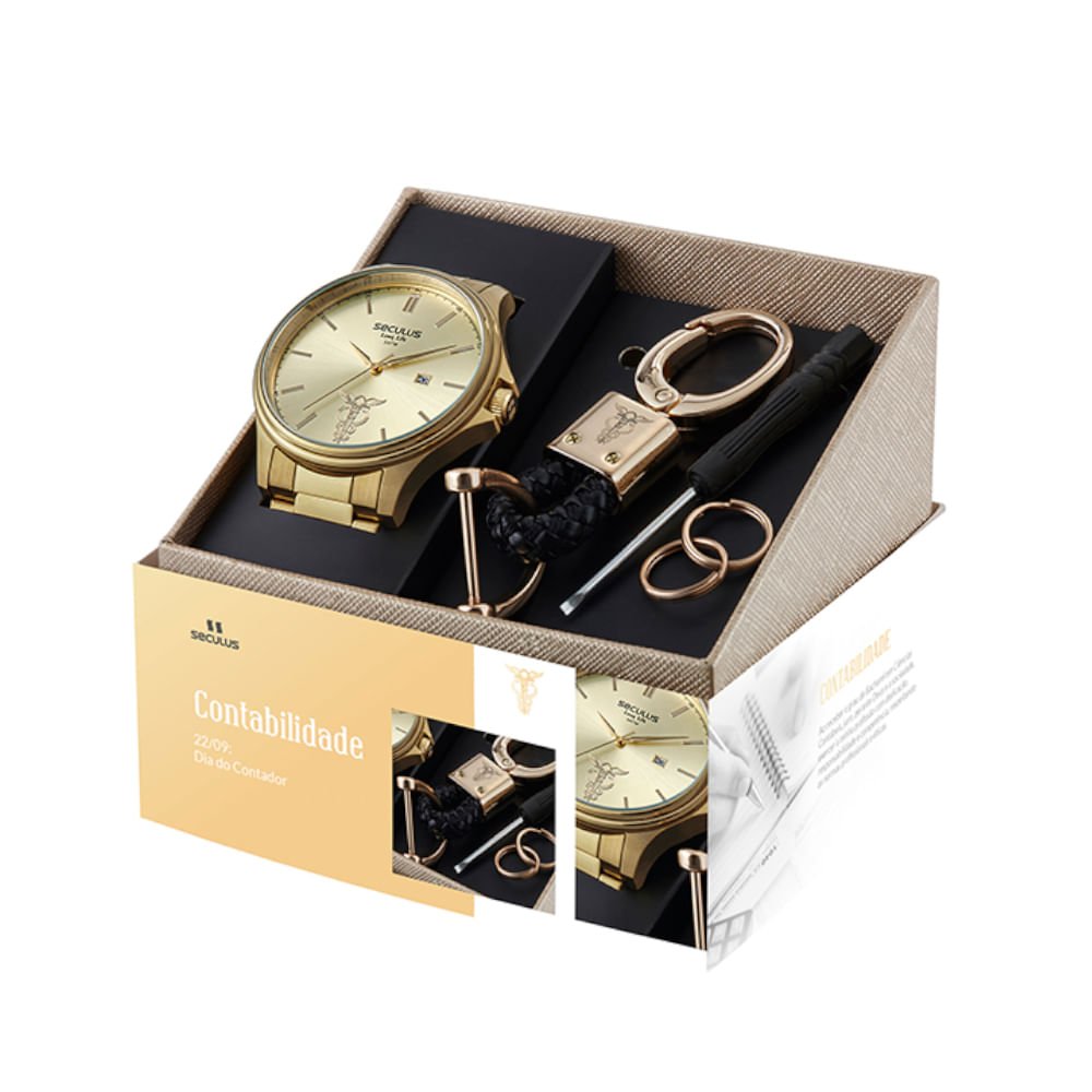 Kit Relógio Masculino Profissões Contabilidade Dourado Dourado 1