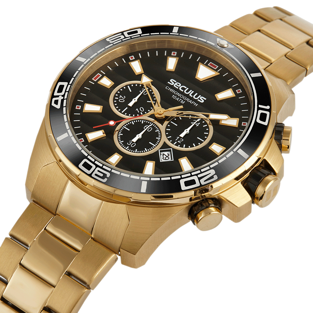 Relógio Masculino em Aço Cronógrafo Dourado Dourado 3