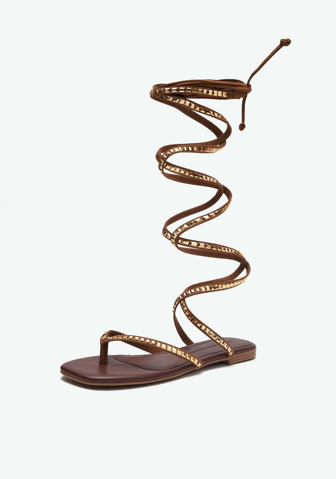 Sandália Rasteira Amarração Tachas Marrom 3