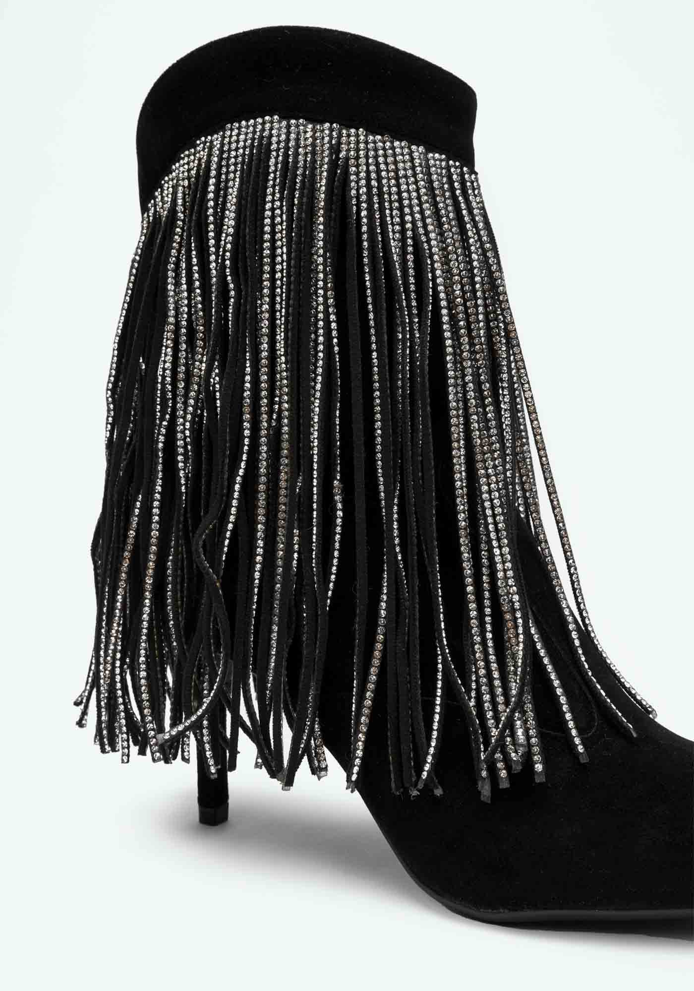 Bota Cano Curto Salto Fino Franjas Preto 6