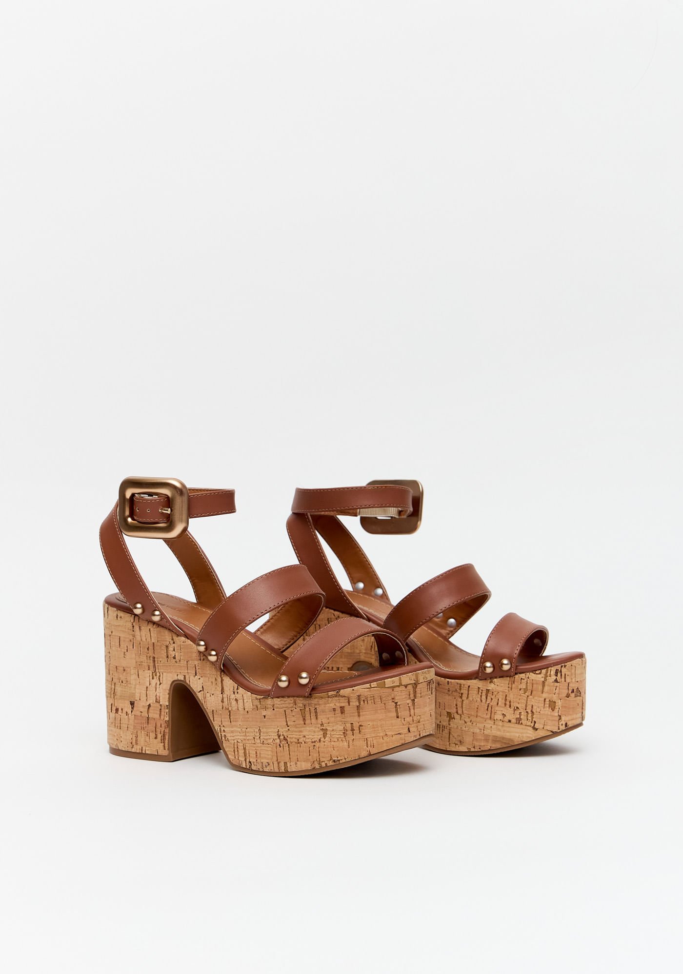 Sandália Anabela Cortiça E Rebites Marrom 2