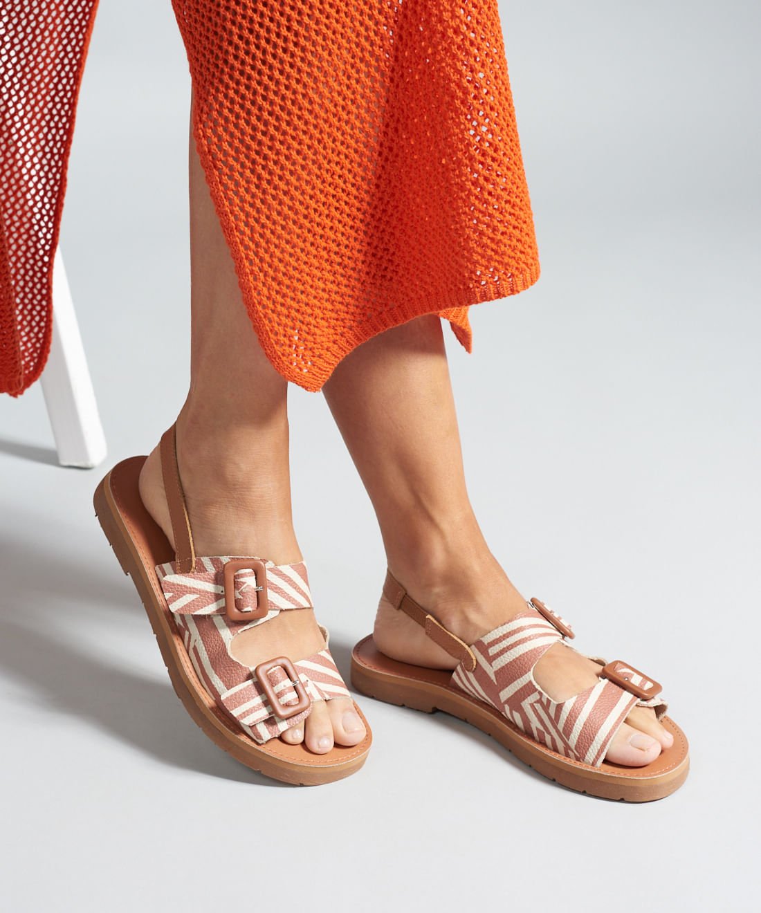 Rasteira Fivelas Listra Duo - Listra Duo Caramelo Rosa 5