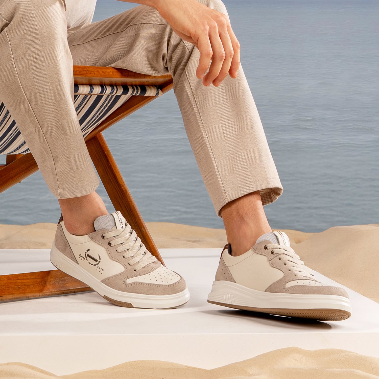 Tênis Casual Pegada Masculino em Couro Milk 112304-01 Milk/Cinza/Marrom 2