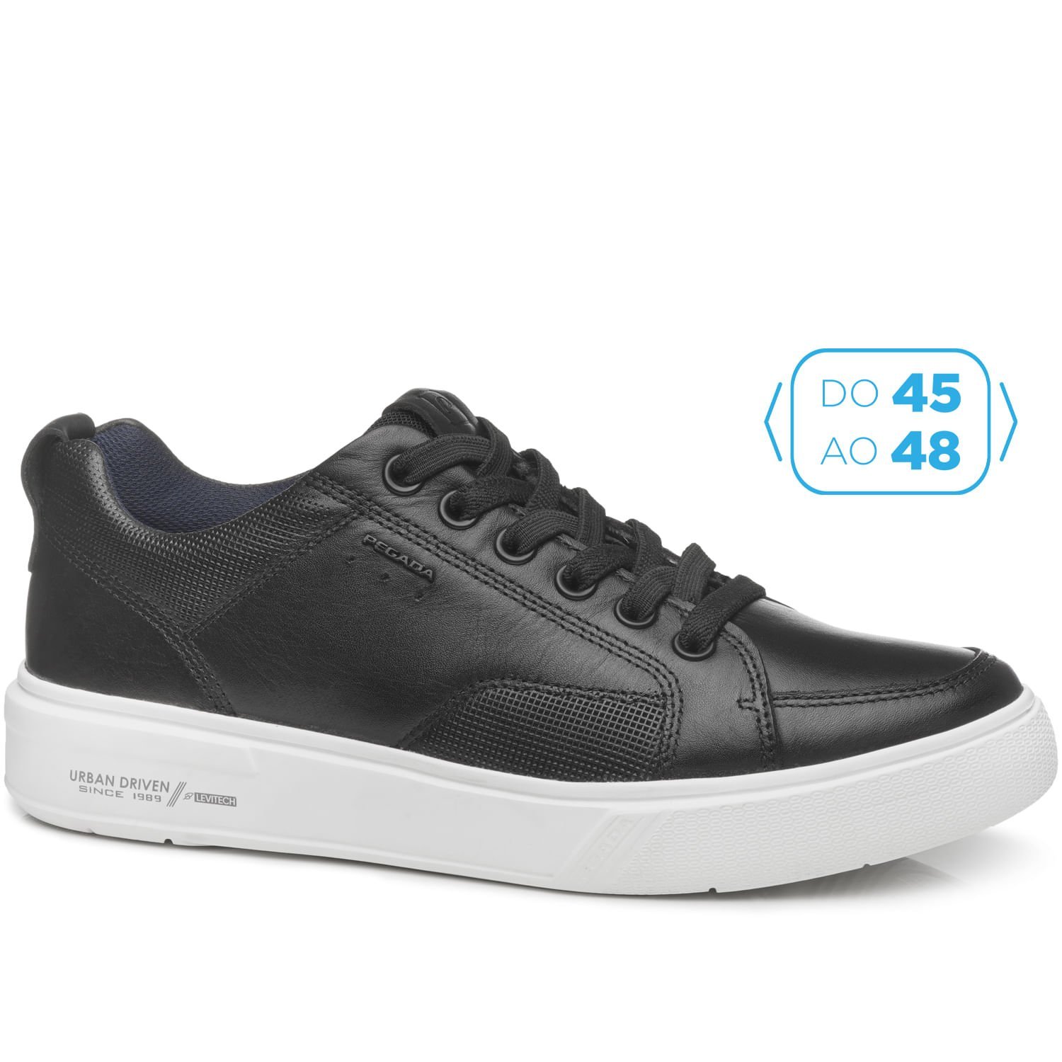 Tênis Casual Pegada Masculino Plus Size em Couro Preto 511902-06