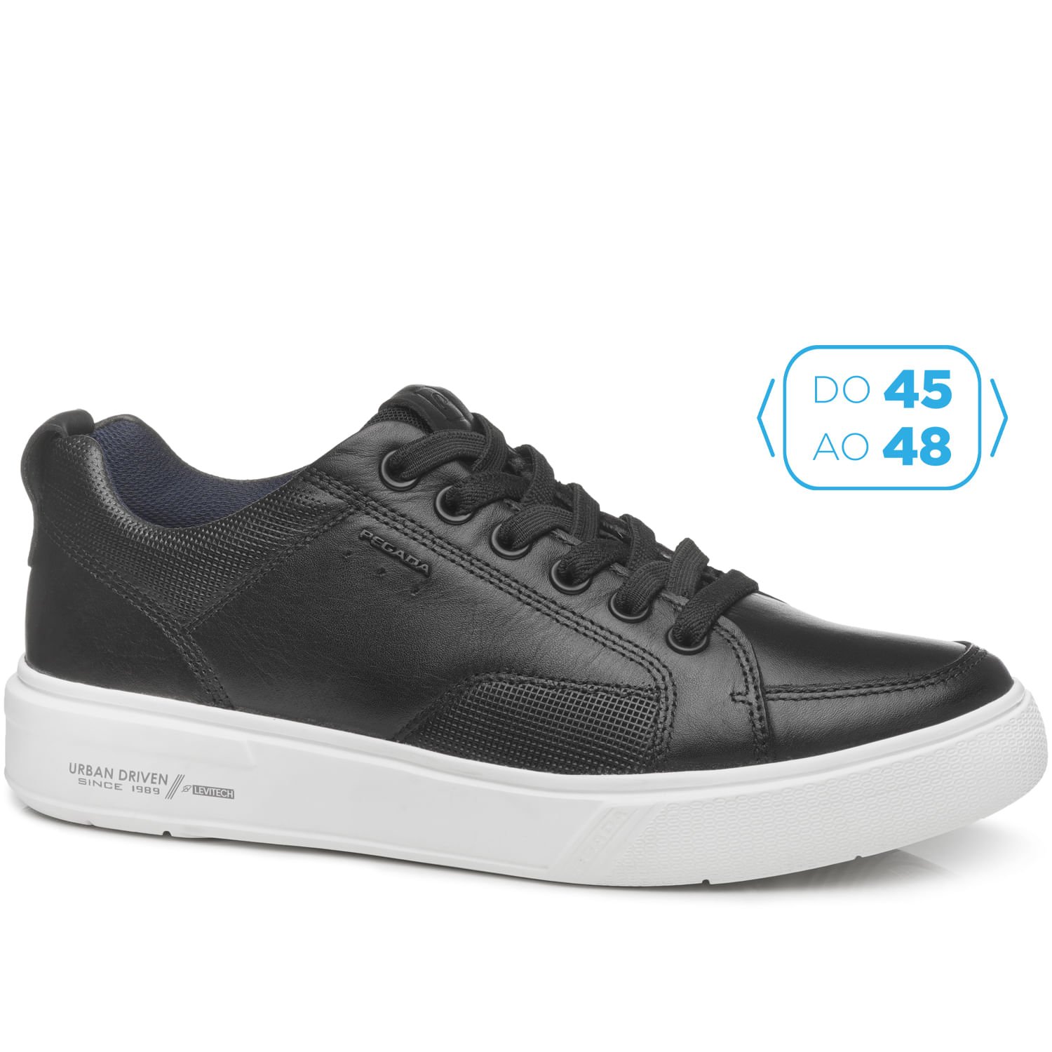 Tênis Casual Pegada Masculino Plus Size em Couro Preto 511902-06