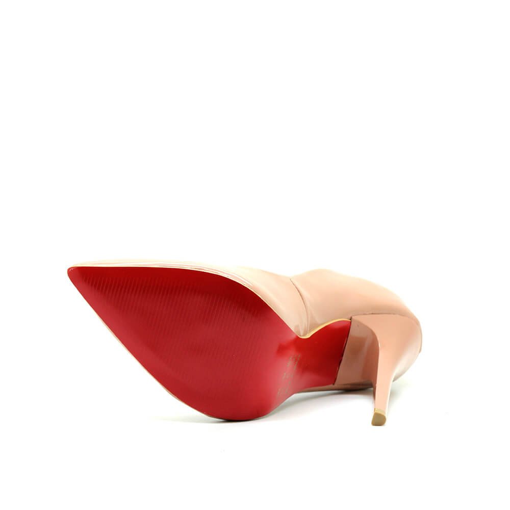 Scarpin Royalz Verniz Sola Vermelha Salto Alto Fino Celine Nude Escuro Bege 7