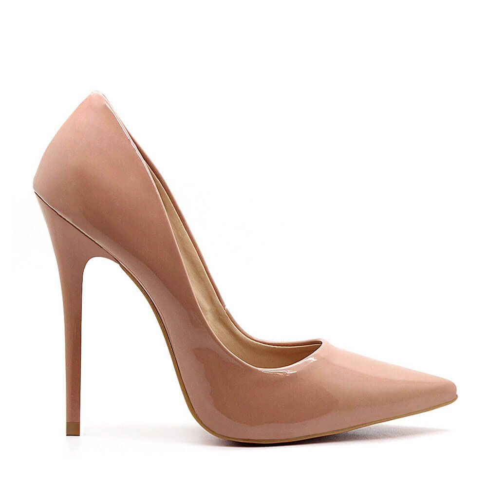 Scarpin Royalz Verniz Sola Vermelha Salto Alto Fino Celine Nude Escuro