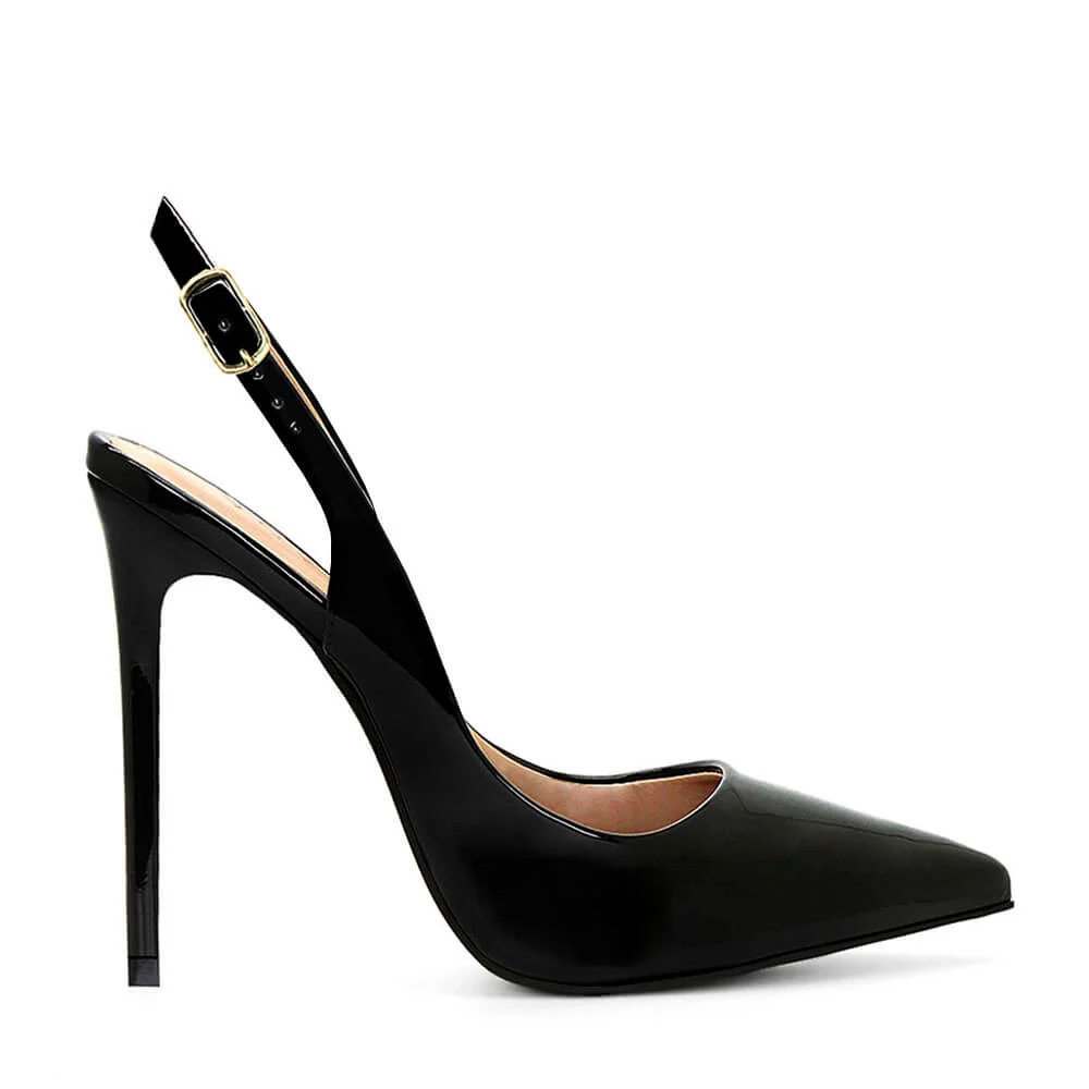 Scarpin Royalz Verniz Salto Alto Fino Celine Slingback Preto