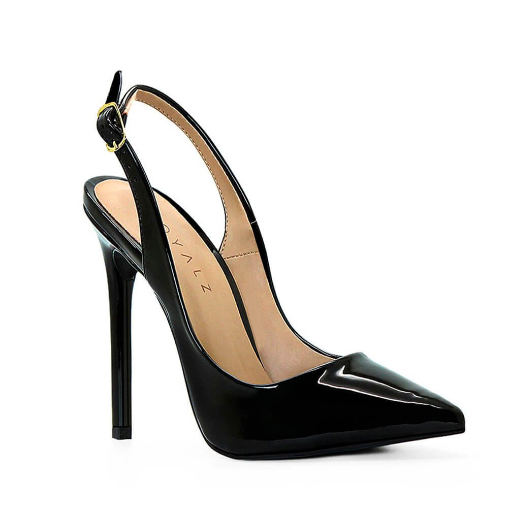 Scarpin Royalz Verniz Salto Alto Fino Celine Slingback Preto Preto 2