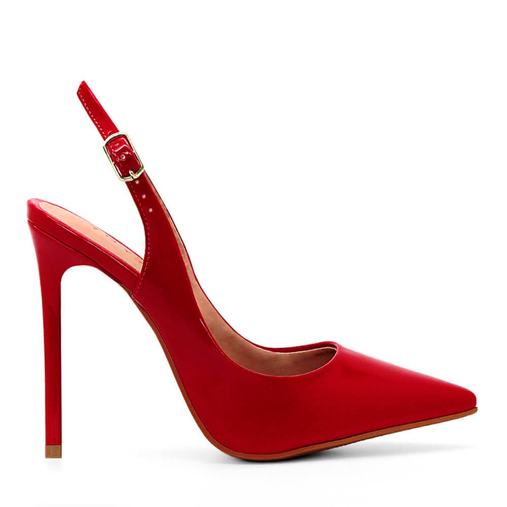 Scarpin Royalz Verniz Salto Alto Fino Celine Slingback Vermelho