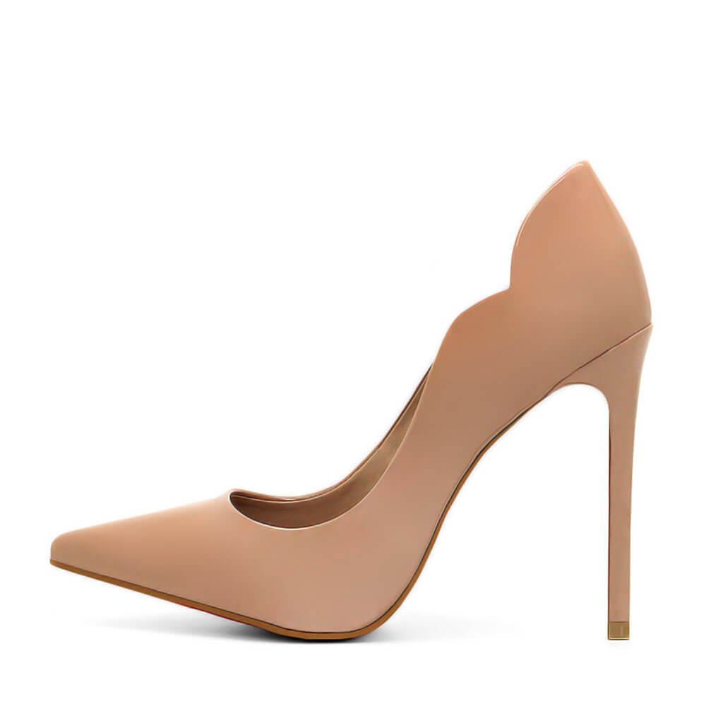 Scarpin Royalz Verniz Salto Alto Fino Celine Curvas Sola Vermelha Nude Escuro Bege 3