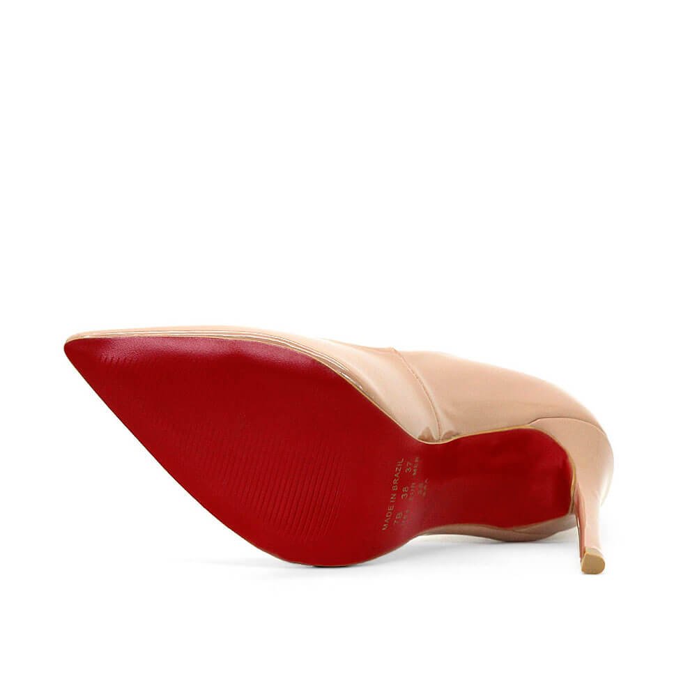 Scarpin Royalz Verniz Salto Alto Fino Celine Curvas Sola Vermelha Nude Escuro Bege 4