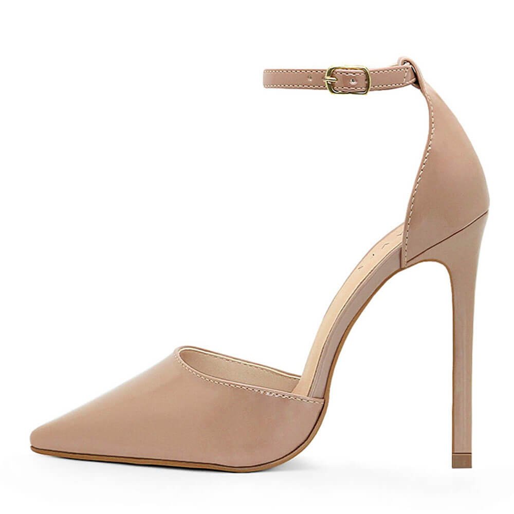 Scarpin Royalz Ankle Strap Verniz Salto Alto Fino Lana Nude Escuro Bege 4
