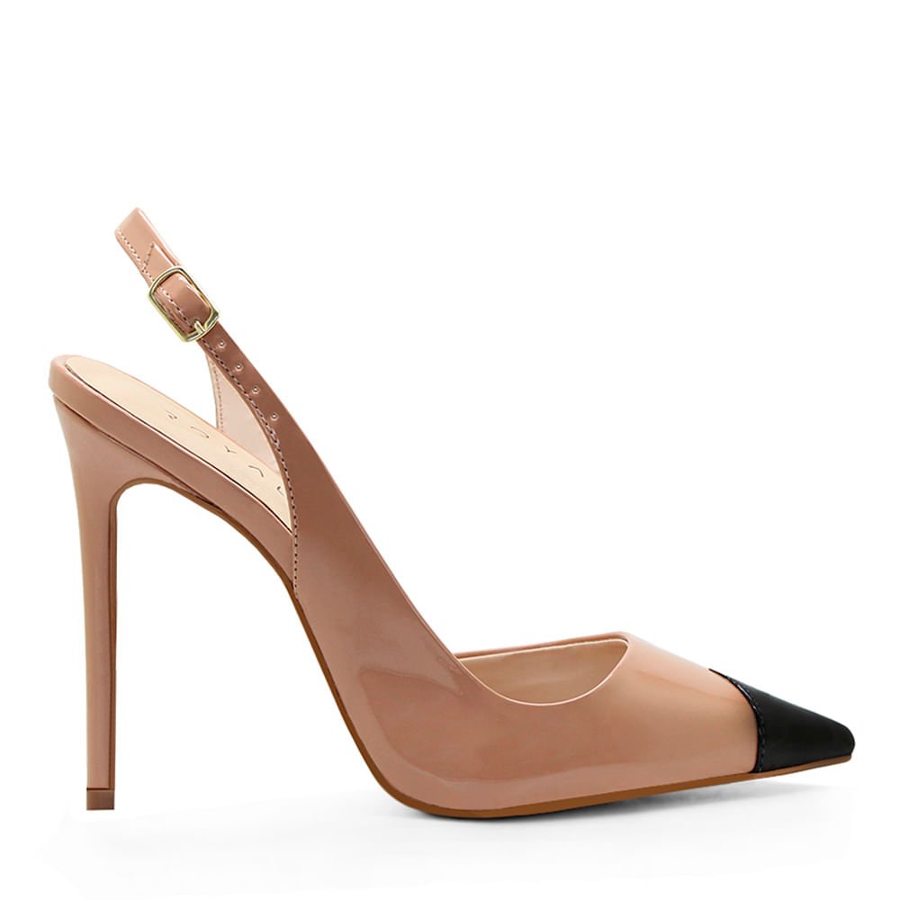 Scarpin Royalz Verniz Salto Alto Fino Olivia Slingback Nude Escuro Preto Bege 1
