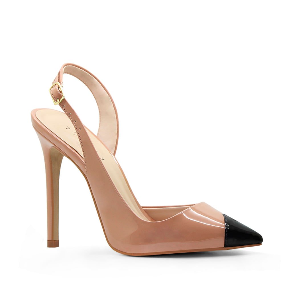 Scarpin Royalz Verniz Salto Alto Fino Olivia Slingback Nude Escuro Preto Bege 2