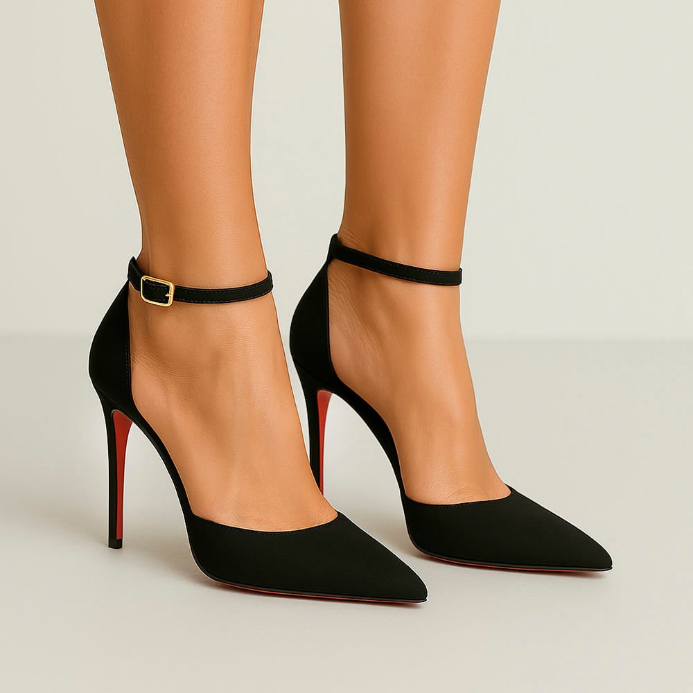 Scarpin Royalz Ankle Strap Nobuck Sola Vermelha Salto Alto Fino Lana Preto Preto 2