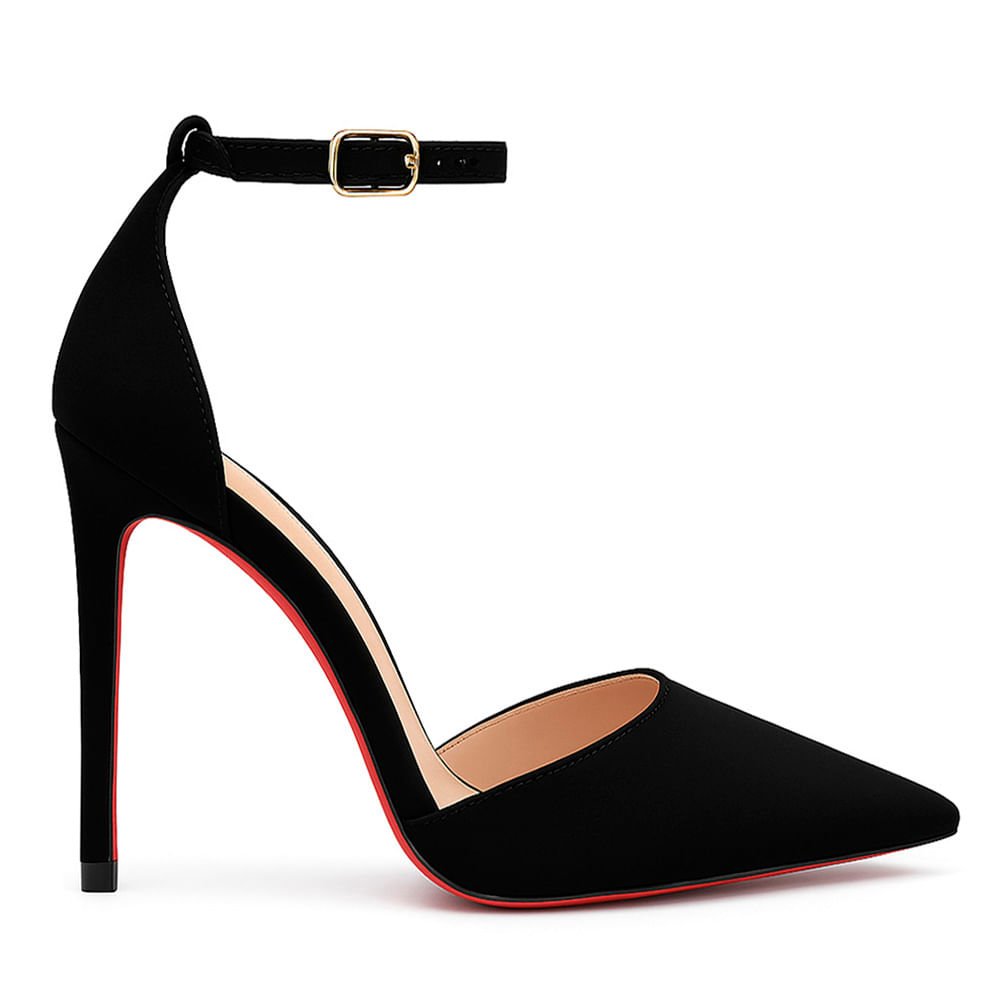 Scarpin Royalz Ankle Strap Nobuck Sola Vermelha Salto Alto Fino Lana Preto