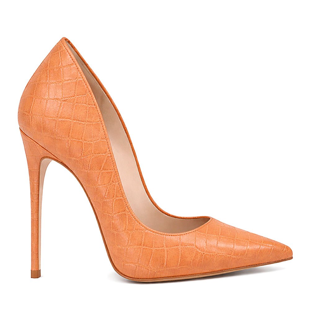 Scarpin Royalz Croco Salto Alto Fino Celine Marrom Claro