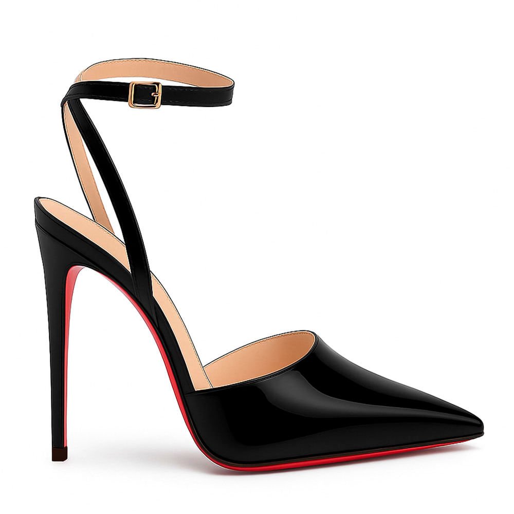Scarpin Royalz Ankle Strap Verniz Sola Vermelha Salto Alto Fino Lina Preto