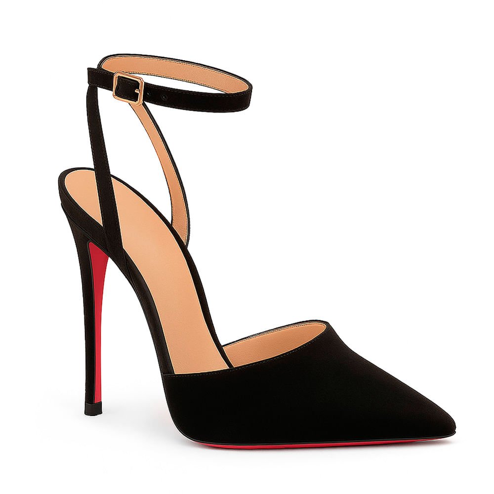Scarpin Royalz Ankle Strap Nobuck Sola Vermelha Salto Alto Fino Lina Preto Preto 2