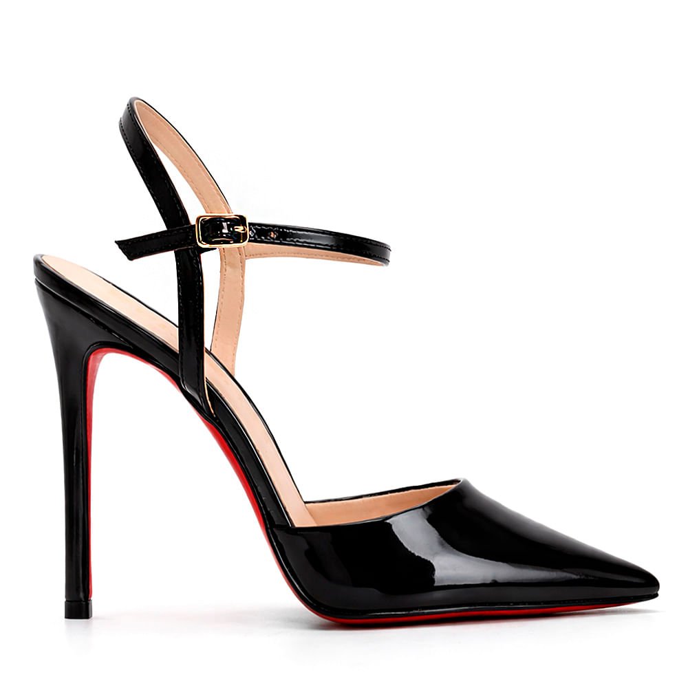 Scarpin Royalz Ankle Strap Verniz Sola Vermelha Salto Alto Fino Luna Preto
