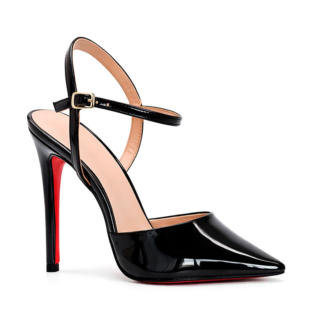 Scarpin Royalz Ankle Strap Verniz Sola Vermelha Salto Alto Fino Luna Preto Preto 2