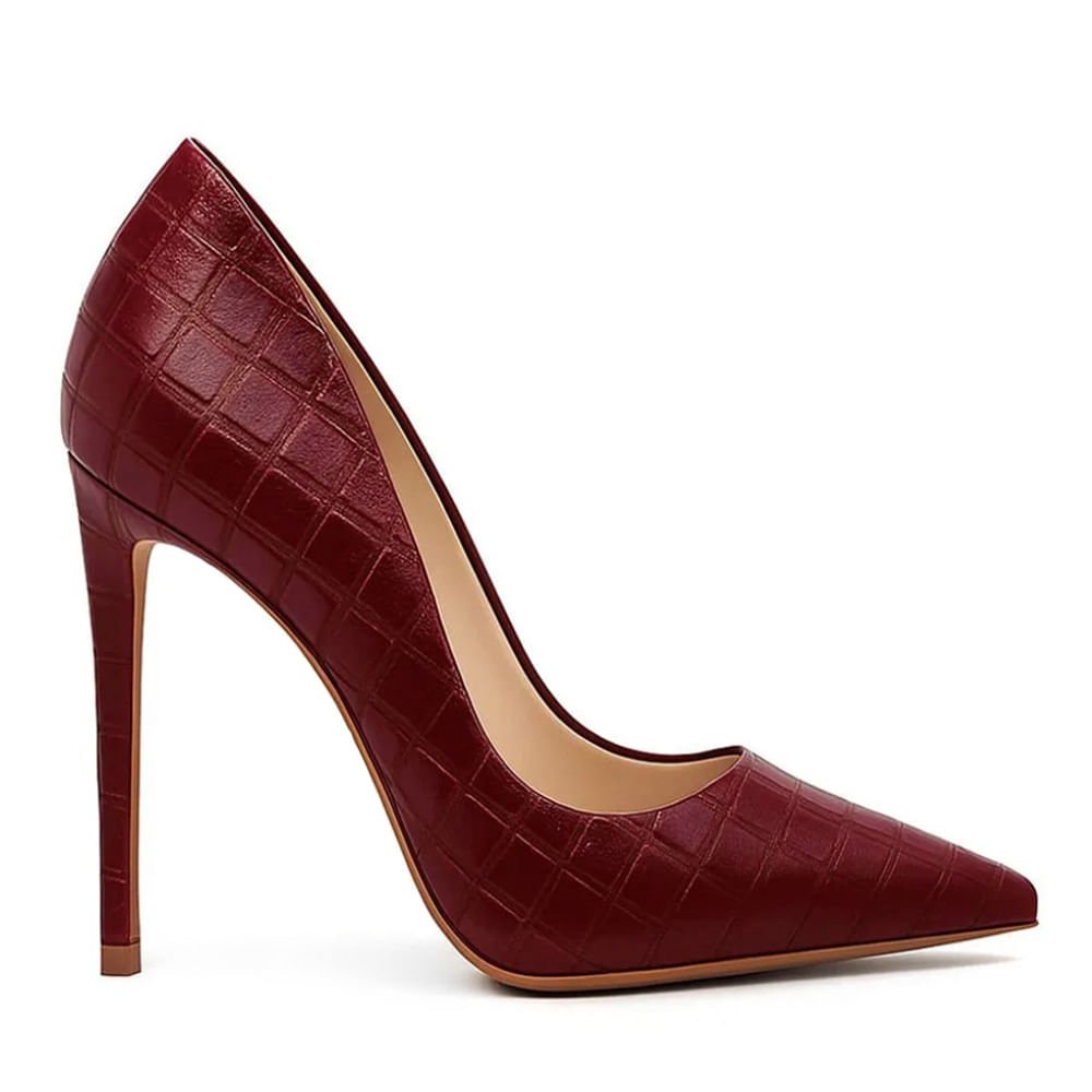 Scarpin Royalz Croco Salto Alto Fino Celine Vinho Bordô