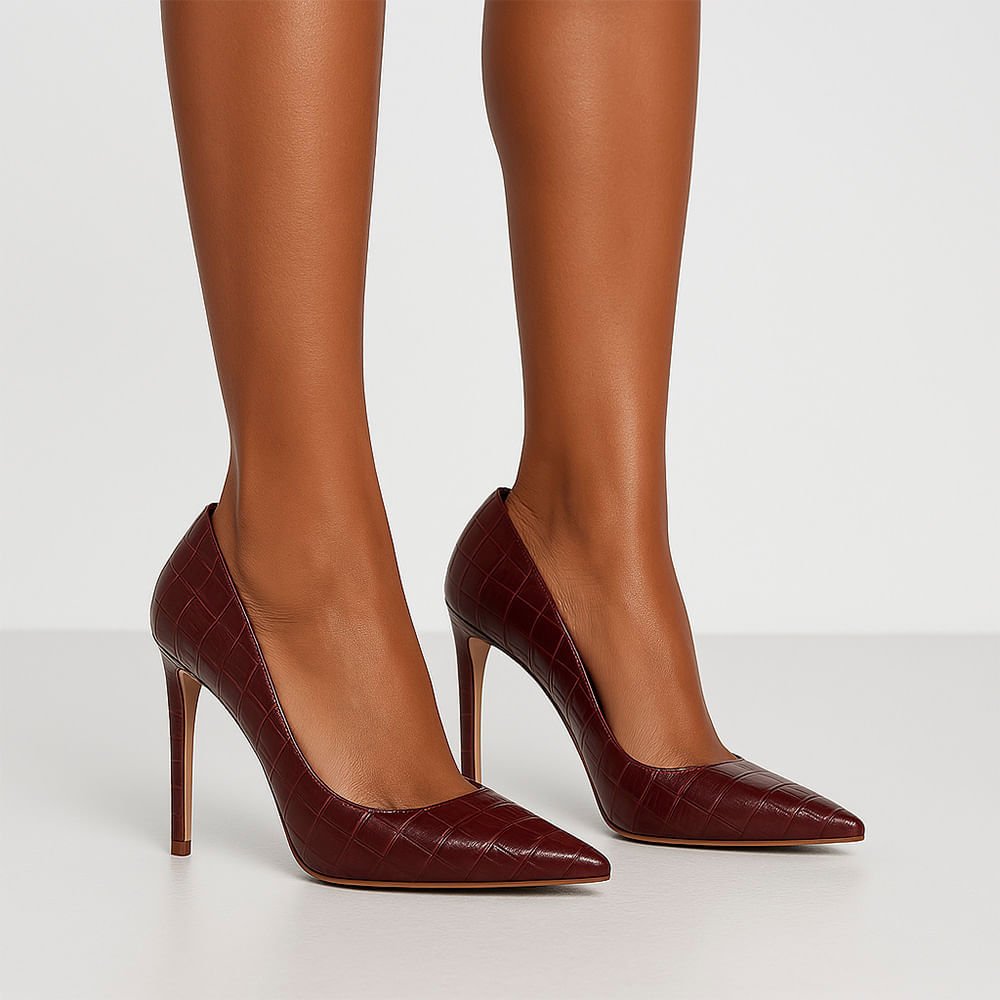Scarpin Royalz Croco Salto Alto Fino Celine Vinho Bordô Bordô 2