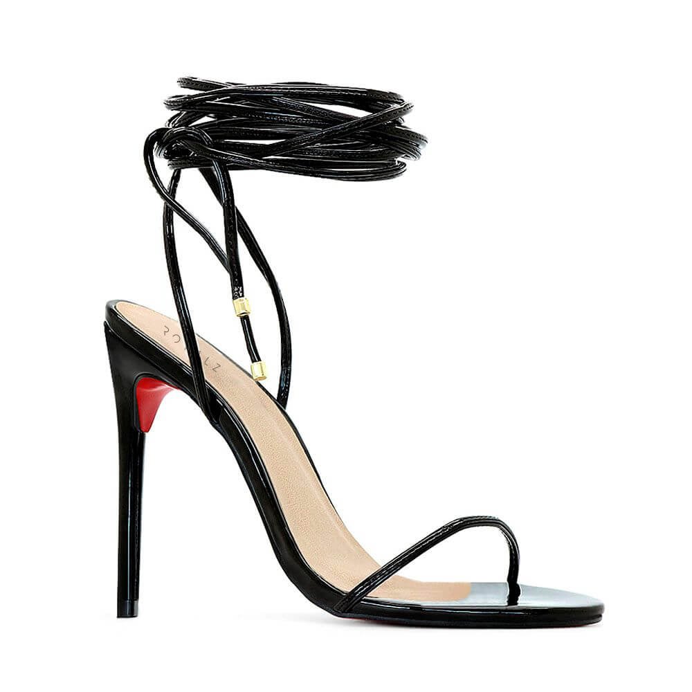 Sandália Royalz Verniz Sola Vermelha Louise Amarração Salto Alto Fino Preta Preto 2