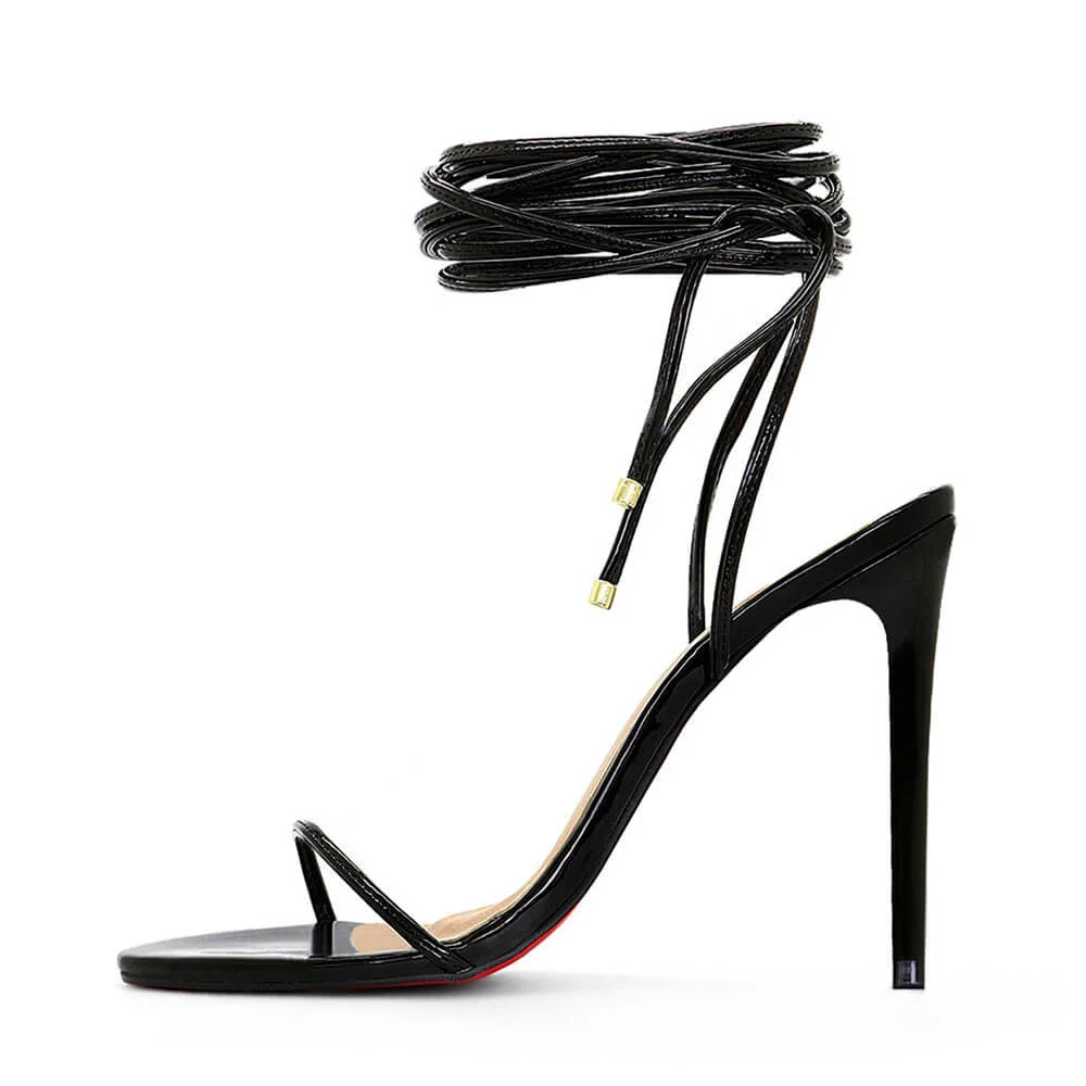 Sandália Royalz Verniz Sola Vermelha Louise Amarração Salto Alto Fino Preta Preto 3