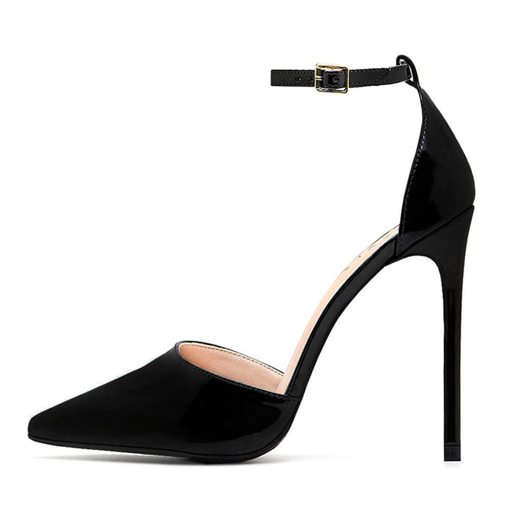 Scarpin Royalz Ankle Strap Verniz Salto Alto Fino Lana Preto Preto 3