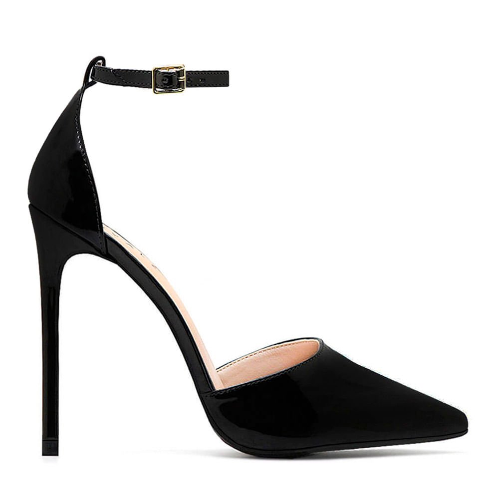 Scarpin Royalz Ankle Strap Verniz Salto Alto Fino Lana Preto Preto 1