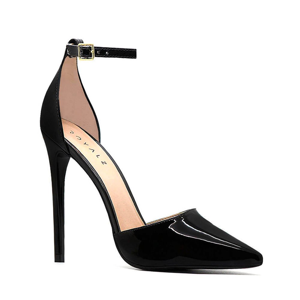 Scarpin Royalz Ankle Strap Verniz Salto Alto Fino Lana Preto Preto 2