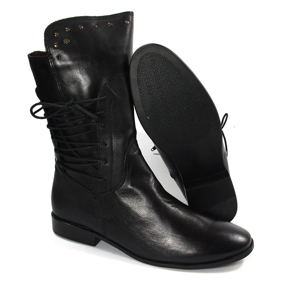 Bota Feminina Lun009L de Amarrar em Couro Preto Burned