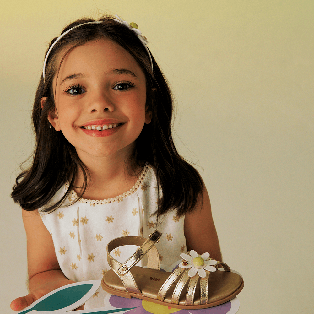 Sandália Infantil Bibi Shine Mini Dourada com Flor Dourado 2