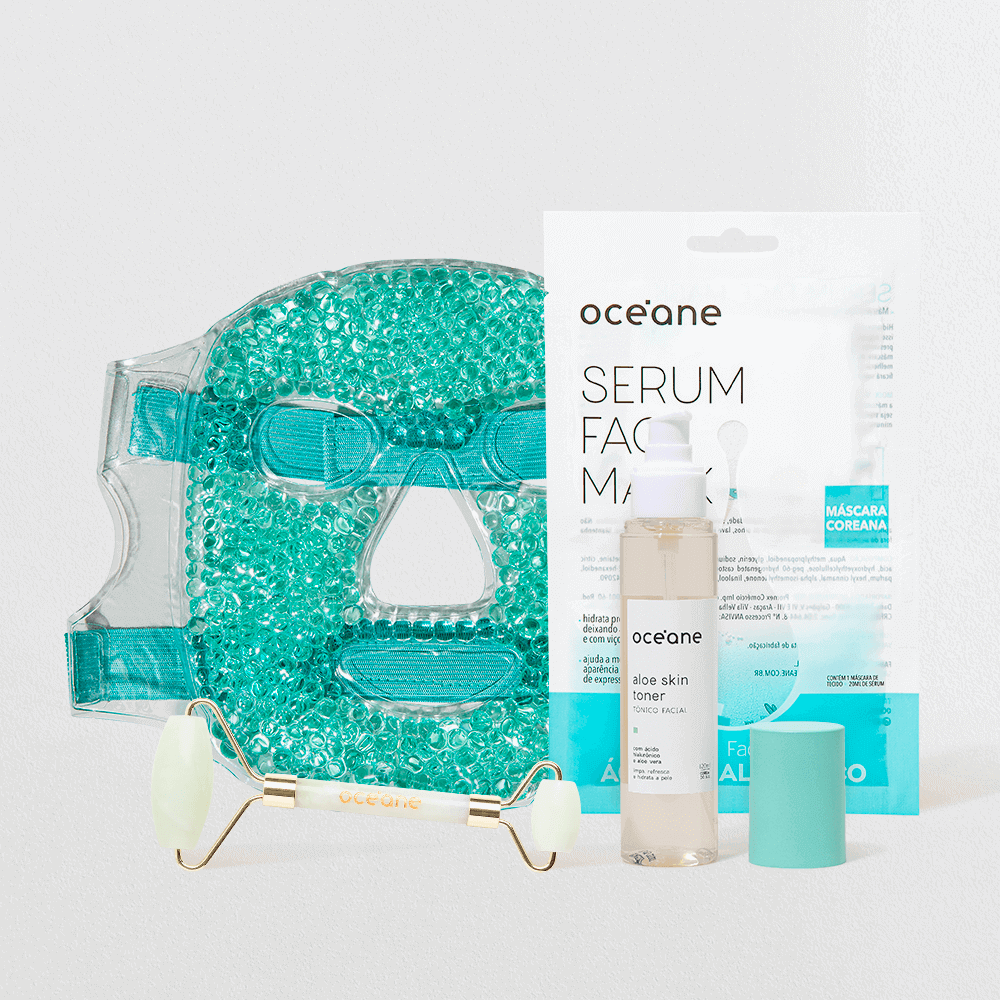 Kit Tônico Facial + Massageador Facial Jade Roller + Máscara Facial de Ácido Hialurônico + Máscara Facial com Esferas em Gel (4 Produtos)