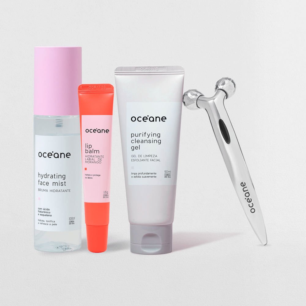 Kit Gel de Limpeza Facial Massageador + Bruma Hidratante + Hidratante Labial