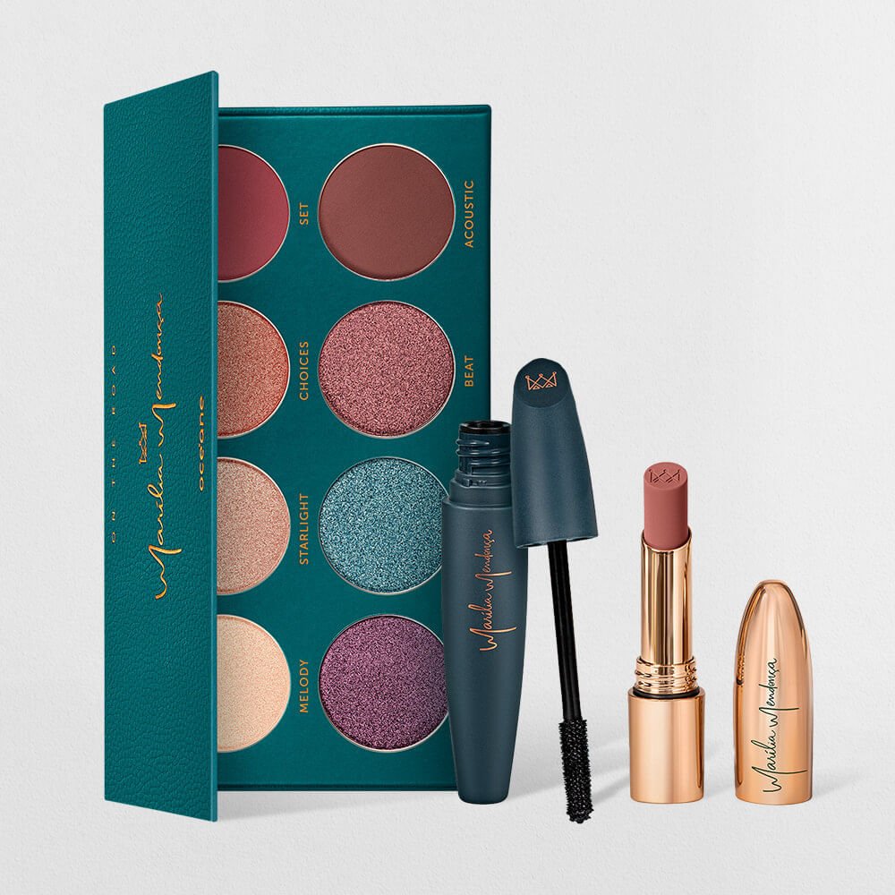 Kit Batom Nude + Paleta de Sombras + Máscara Para Cílios Preta Marília Mendonça (3 Produtos)
