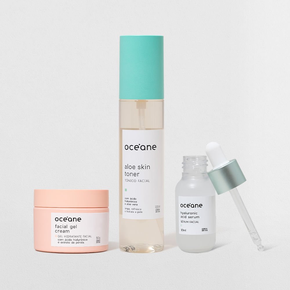 Kit Gel Hidratante Facial + Tônico + Sérum com Ácido Hialurônico (3 Produtos)